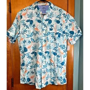 IZOD Saltwater Mens Large Dockside Chambray  Flamingo Pineapple Hawaiian Shirt L